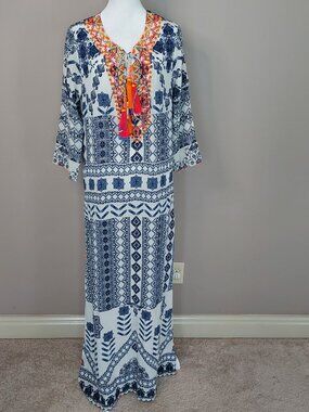 Rococo Sand 100% Silk Beaded V-Neck Geometric Print Maxi Dress Size Med